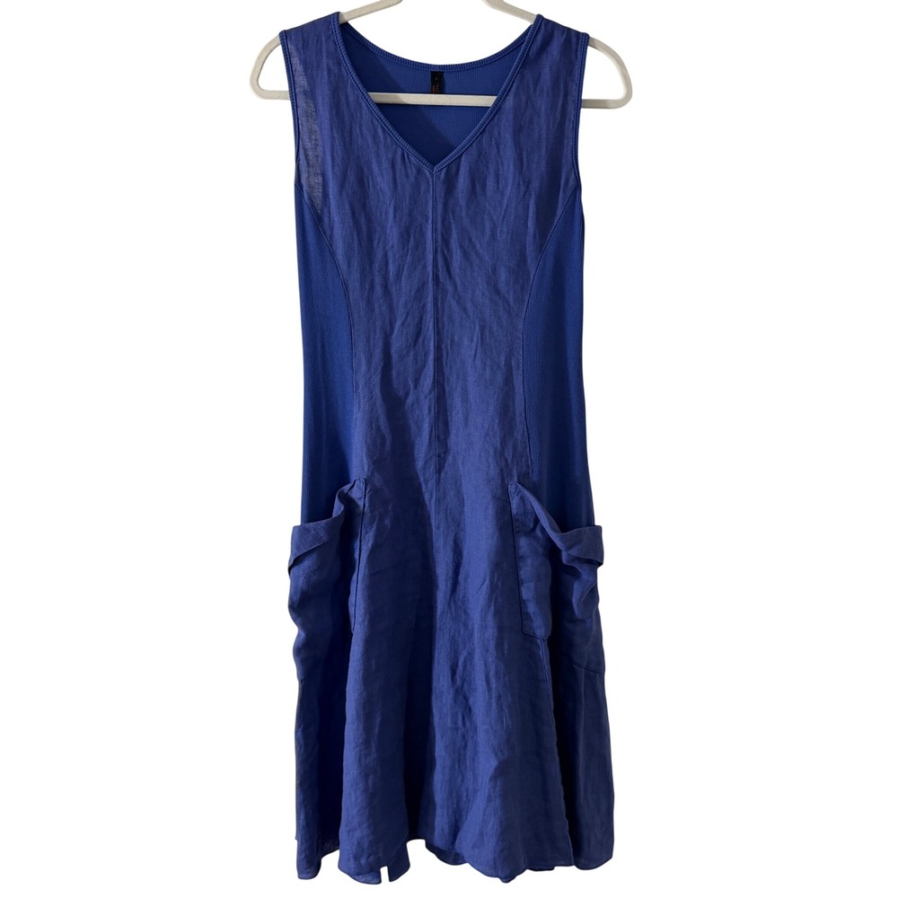 Inizio Italy Royal Blue Linen Ribbed Panel V-Neck Midi Dress with Pockets Large